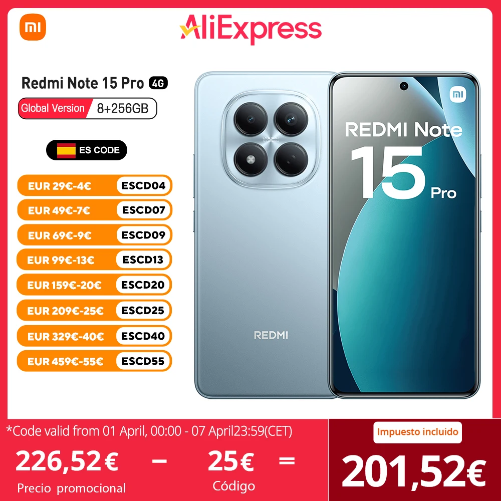 Xiaomi Redmi Note 15 Pro 4G Versión EU 8GB 256GB  MTk Helio G200 Ultra, Pantalla AMOLED 6.77", 120Hz, Cámara 200MP, IP65, NFC