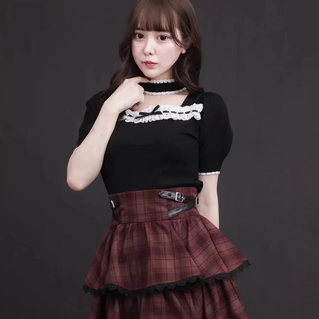 Style japonais élégant doux broderie volants Patchwork arc creux col carré manches bouffantes décontracté tricoté T-Shirts hauts femmes