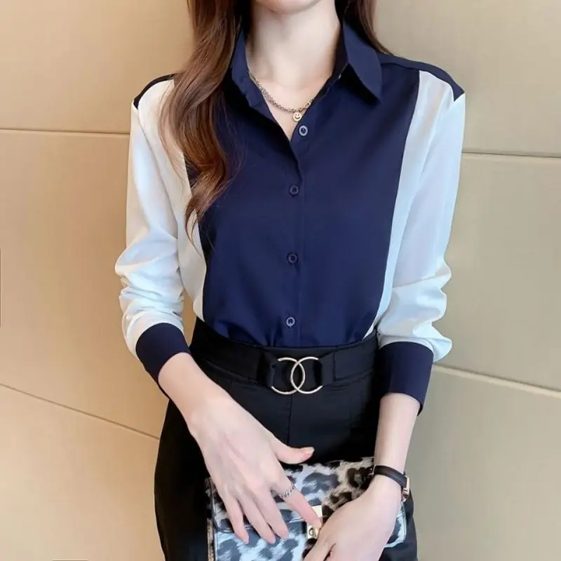 Elegant Lapel Button Spliced Loose All-match Shirt Women\'s Clothing 2023 Spring New Casual Tops Long Sleeve Office Lady Blouse