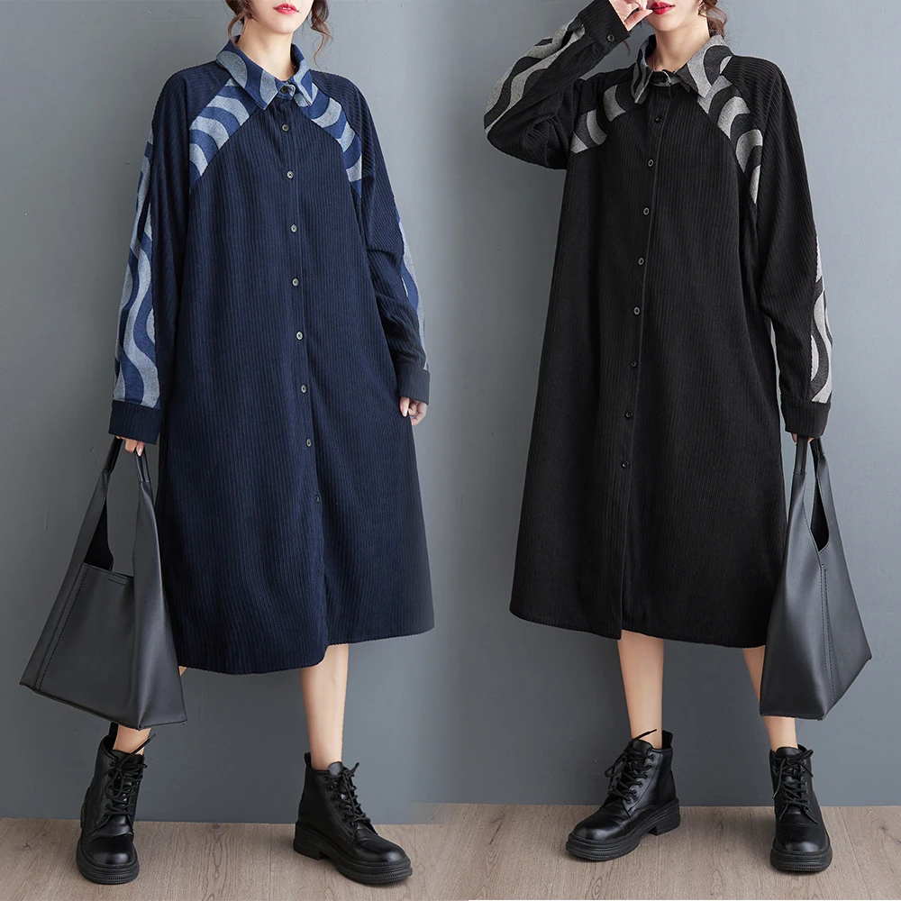 

#6903 Black Blue Vintage Long Shirt Dress Women Front Buttons Loose Spliced Denim Midi Dress Female Long Sleeve Corduroy A-line