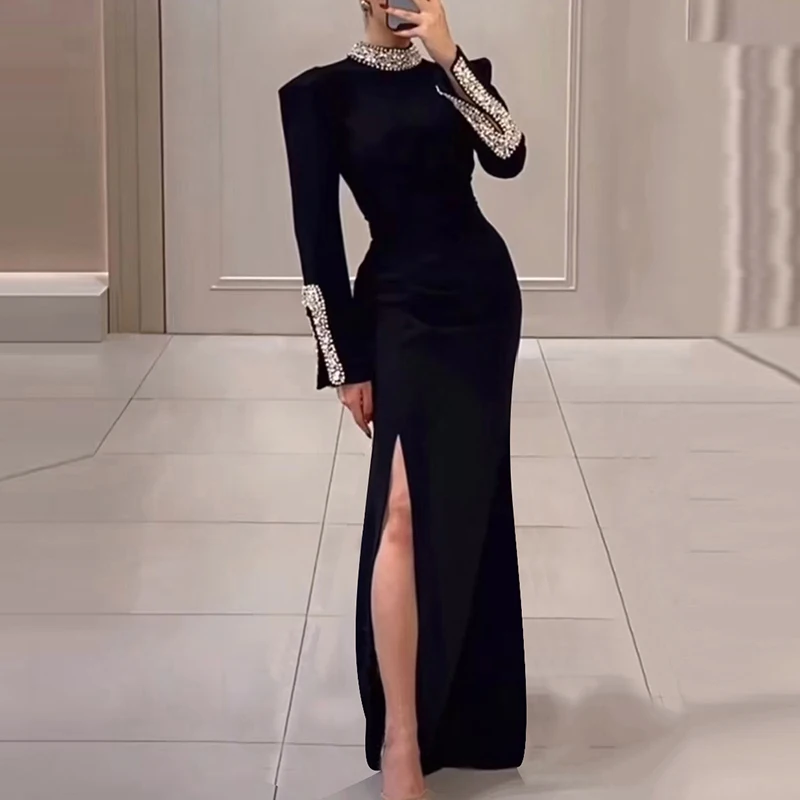 Women\'s Spring Long Sleeved Slim Banquet Dress Casual Rhinestone Patchwork Dresses Elegant Half High Neck Waist Wrap Hip Dress