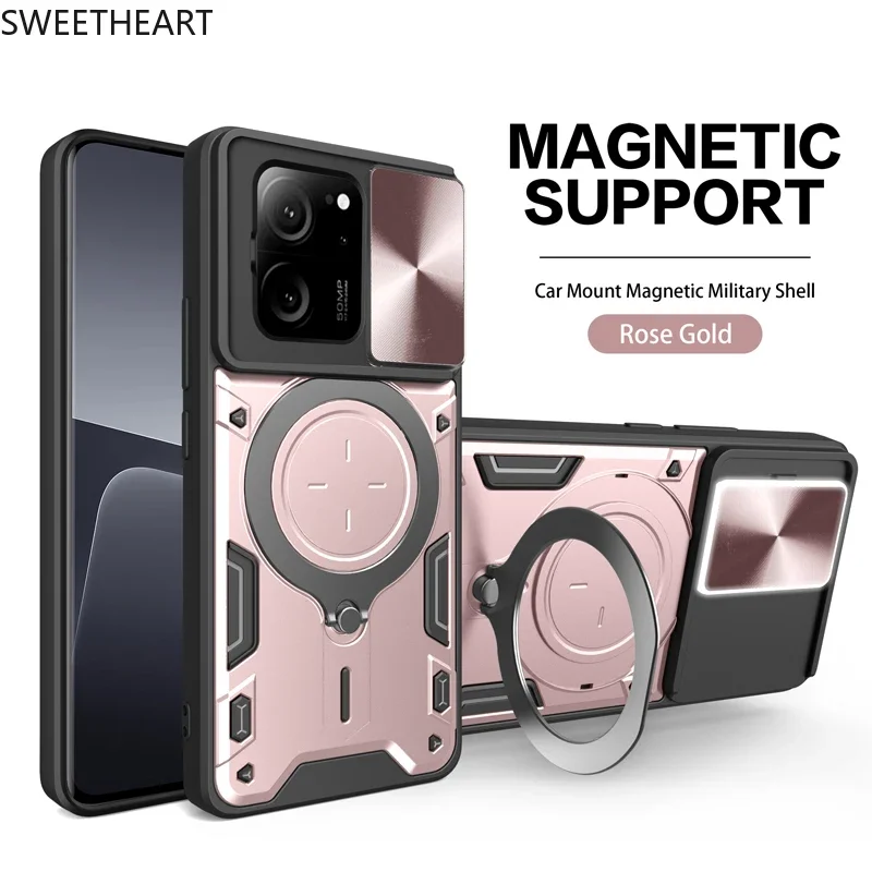 Magnetic Adsorption Slide Camera Armor Rotation Case For Xiaomi POCO X6 X5 X4 M6 F6 F5 M4 13T 12T 11T Pro M5S F3 M3 C50 C40 Case