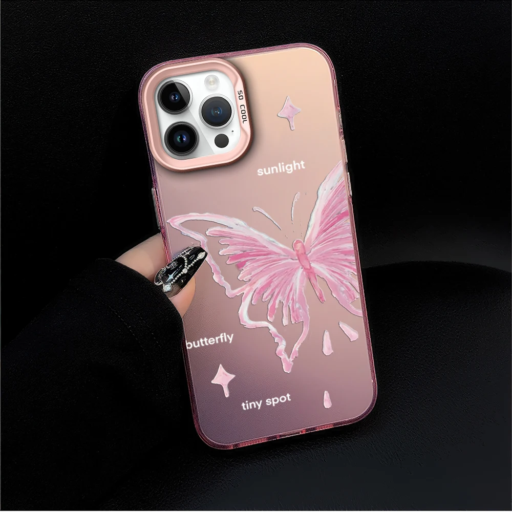 Pink Butterfly Fairy Beautiful Romantic Fashion Phone Case for iPhone 16 12 13 14 15 11 Max Pro Plus Laser IMD Color Shell