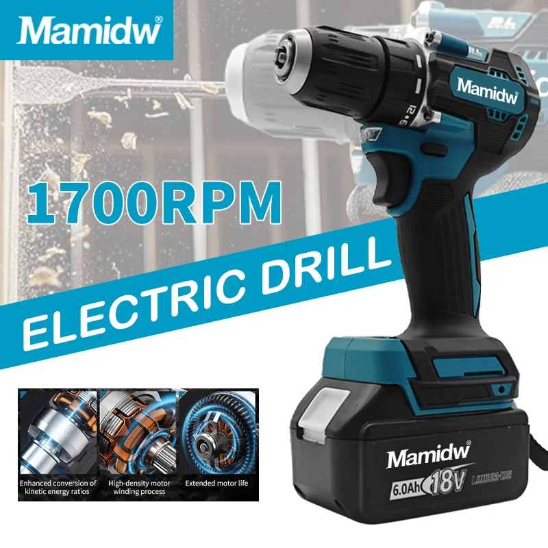 

Mamidw Cordless Driver Drill 1700RPM Brushless Electric Impact Screwdriver LED Rechargeable Power Tool For 18V Makita Battery