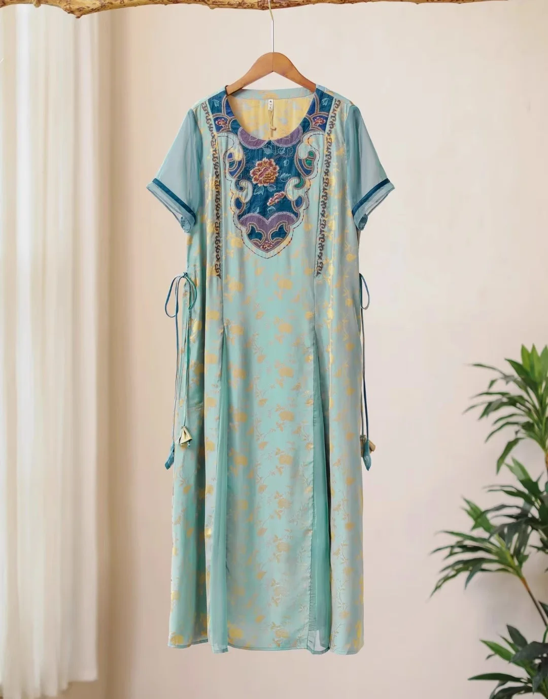 Light blue jacquard dresses Natural silk Short sleeved fashion summer dresses Ethnic style embroidery long dresses