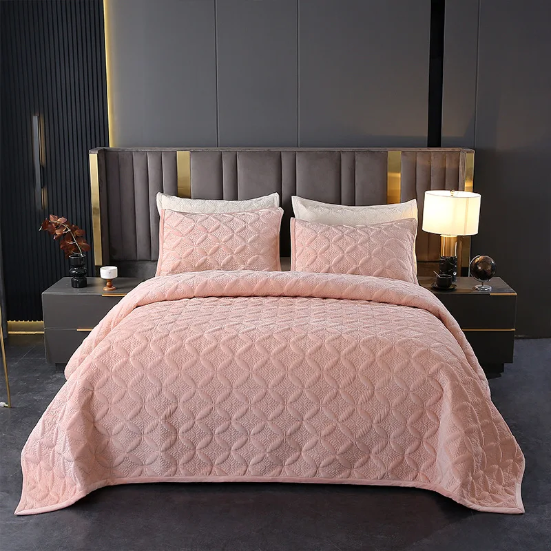 

Winter Soft Plush Quilt Set King/Queen Size 3PCS - Embroidered Velvet Bedspread Warm Solid Color Coverlet for Home Decor