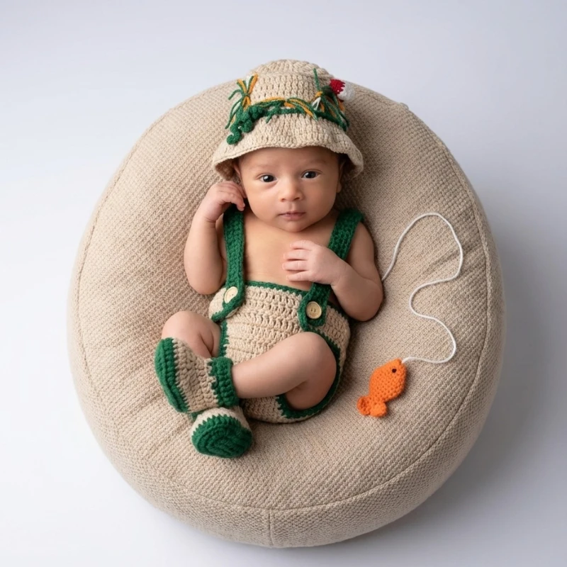 Newborn Photography Props Cute Fisherman CostumeHandmadeCrochet Baby Outfit HatOveralls Booties Set Infant PhotoShooting Knitted
