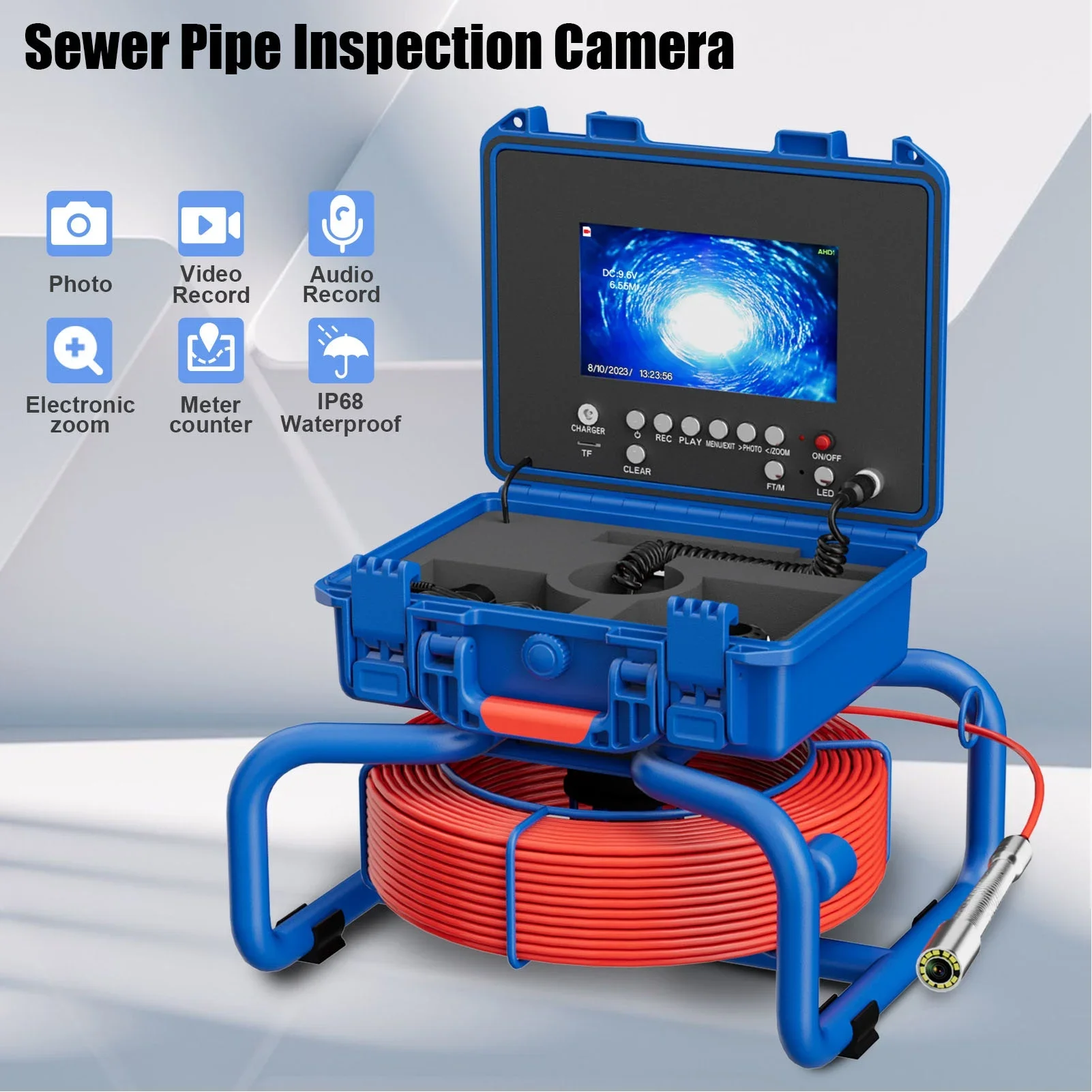 

7in LCD Sewer Camera - Self Leveling 30M IP68 Pipeline Endoscope with 512Hz Transmitter & DVR, Industrial Drain Inspection Tool