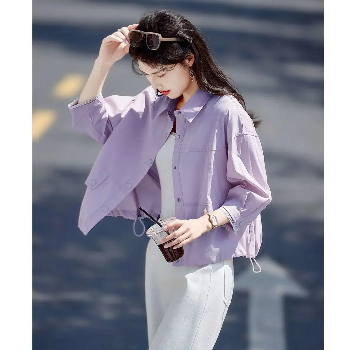 

Spring Summer New Shirt Women's 2026lapel Single-breasted Coat Casual Loose Outwear Collar Short Overwear Female Top