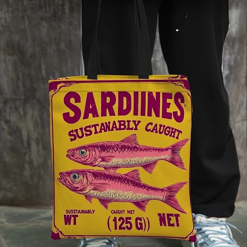 1 قطعة تصميم السردين حقيبة حمل بوليستر متينة-حقيبة تسوق قوية ذات سعة كبيرة مطبوعة "ساردينز مستدامًا" حقيبة