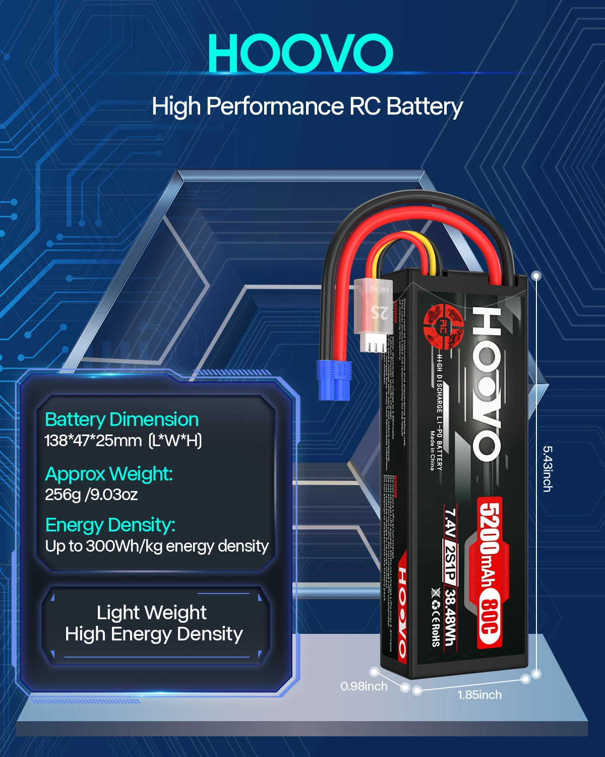 HOOVO Lipo Battery 2S 7.4V 5200mAh 80C Battery Hard Case with EC3 Plug for RC Car Helicopter Quadcopter UAV Drone FPV Tracxas