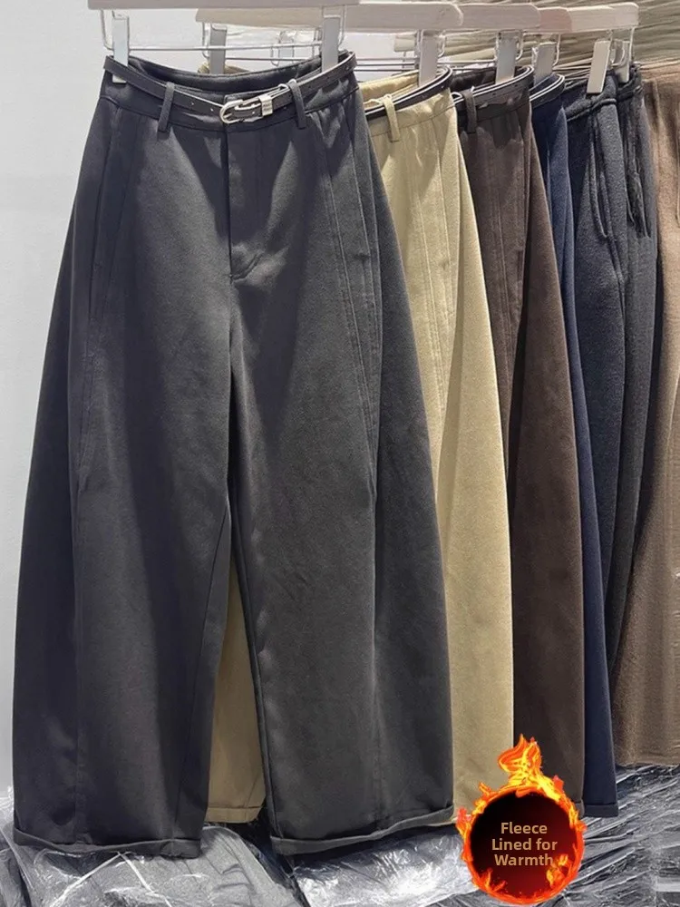 ハイウエスト裏起毛カジュアルストレートレッグパンツ レディース 冬新作 ゆったり着痩せ 暖かいワイドレッグロングパンツ