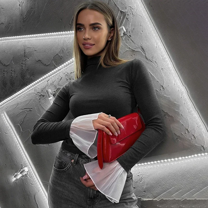 Fashion Splice Flare Sleeve T shirt Women's Half Turtleneck Elegant Commuting Inner Top Slim Autumn New Female T shirt