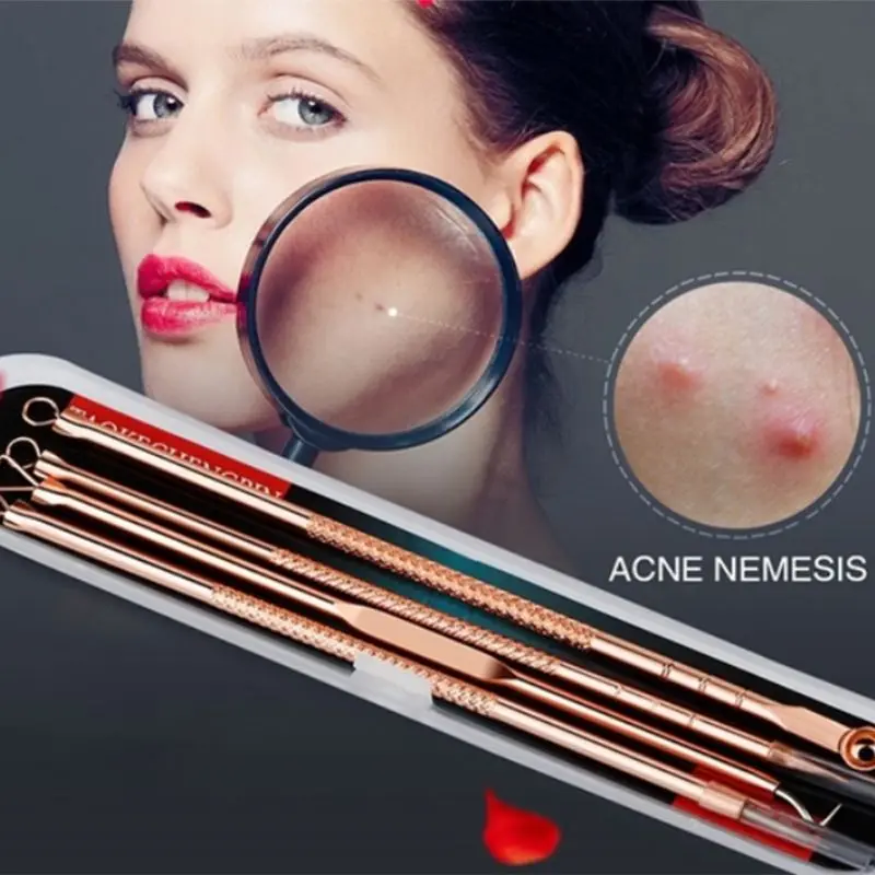 4Pcs/Set Rose Gold Stainless Steel Acne Blackhead Remover Needles Pimple Comedone Spot Double for Head Extractor K Drop Shipping