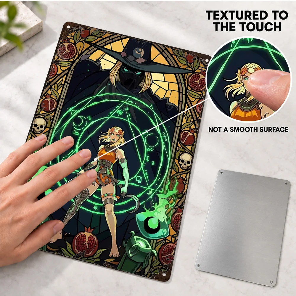Witch And Sorcerer Aluminum Poster Customized Metal Sign Stained Glass Illustration Wall Art For Living Room Fantasy Lover Gift
