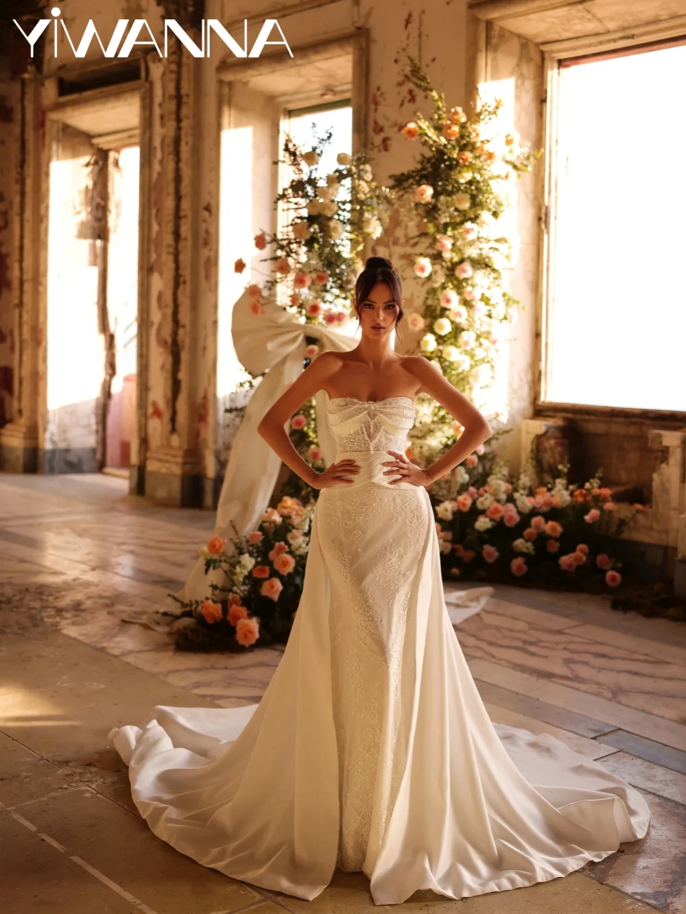 

Detachable Train Pearls Lace Wedding Dress Strapless Mermaid Floor-length Bridal Gown New Customized Dreamy Dresses For Bride