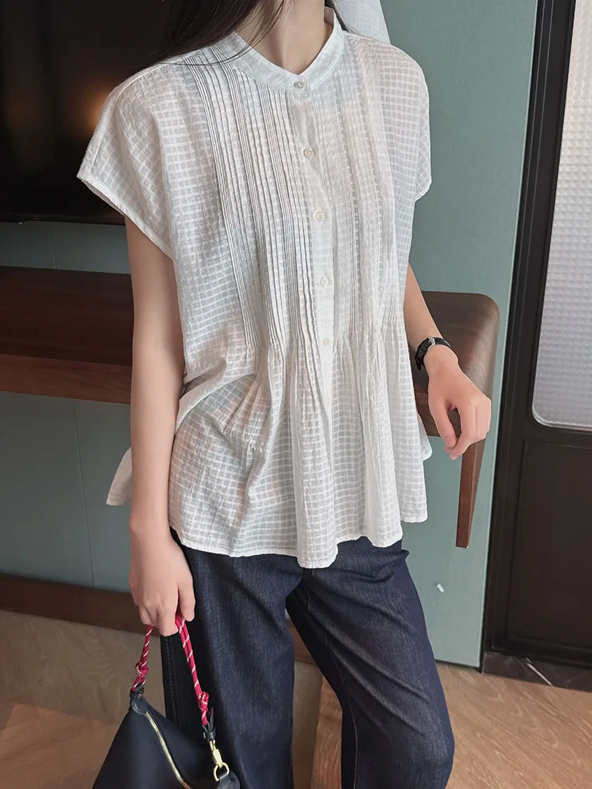 

Missed id Pattern Textured Loose oulder irt Dense Cotton ort Sve Stand Collar Button Closure Regular Length