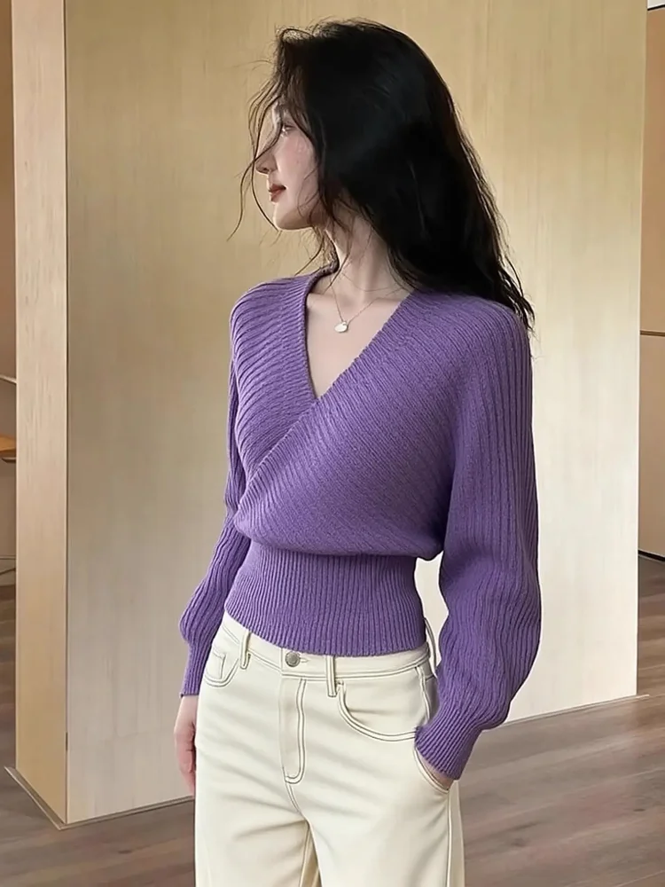 엘리 퍼플 브이넥 스웨터 여성용 패셔너블 이너웨어 니트 탑 가을 겨울 고급 슬리 아름다운