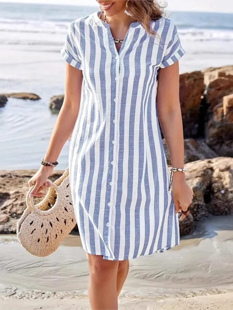 Elegant Striped Dress Lady Fashion Short Sleeve V Neck Button Shirt Dresses For Women Casual Holiday Office Womens Clothing New