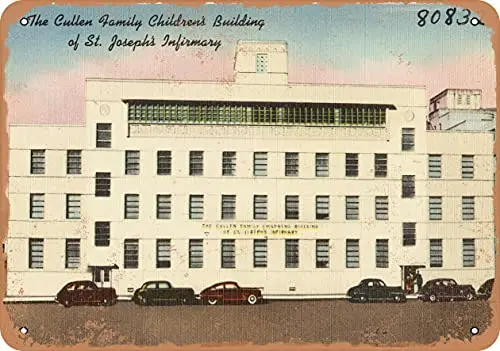 1pcs,Metal Sign Texas Postcard - The Cullen Family Children's Building of St. Joseph's Infirmary - Vintage Rusty Look