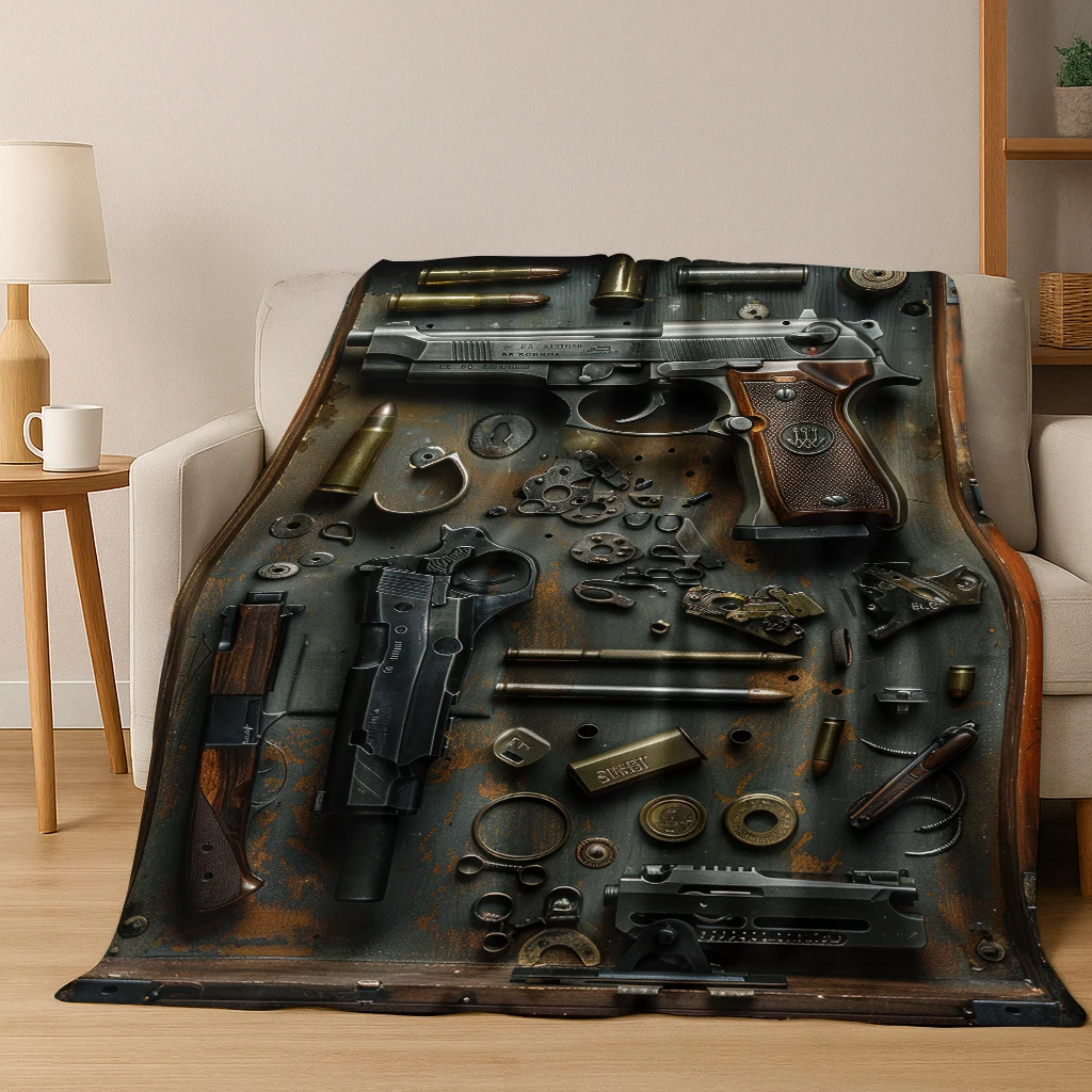 Military Bullet Gun Rifle Pistol Flannel Blanket Soft Warm Blanket for Bedroom Room Living Room Bed Travel Camping Picnic Gift