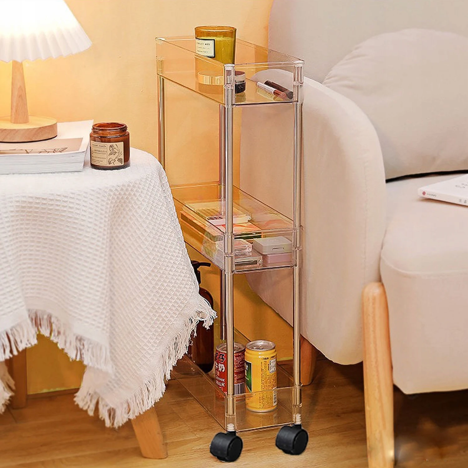 Chariot de rangement à roulettes mince à 4 niveaux en plastique pour salle de bain avec roues verrouillables pour buanderie, garde-manger, cuisine, bureau, gris transparent