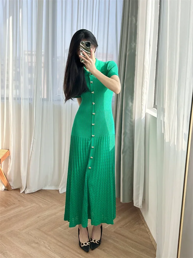 

Green Women Splice Hollow out Knit Dress Turn-down Collar Temperament Short Sleeve Single Breasted Female Midi Robe 2024 New