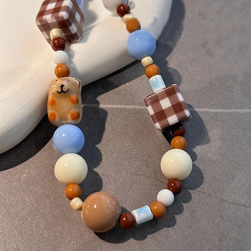 Korea Cute Brown Puppy Grid Block Blue Bead Beaded Phone Chain Charm Lanyard For iPhone 16 Samsung Universal Accessories Jewelry