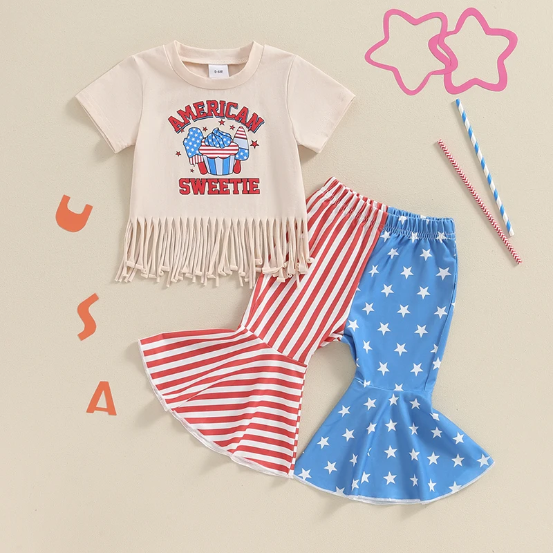 Toddler Baby Girl 4th Fourth of July Outfit Short Sleeve Retro Shirt Top American Flag Bell Bottoms Pants Clothes