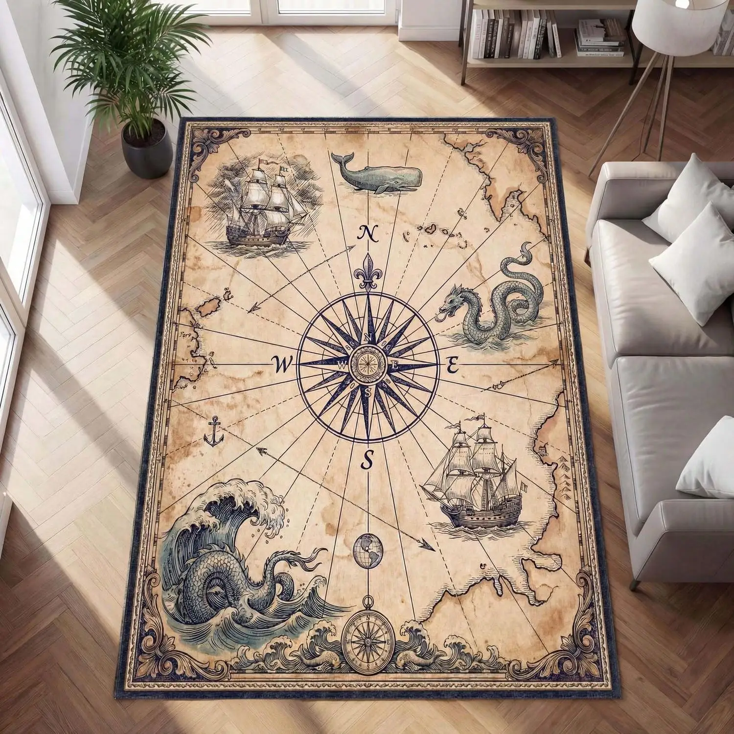 Vintage Nautical Map Rug, Suitable for Pirate Ship Themed Room Decor, Washable Compass Rose Pattern Carpet, N