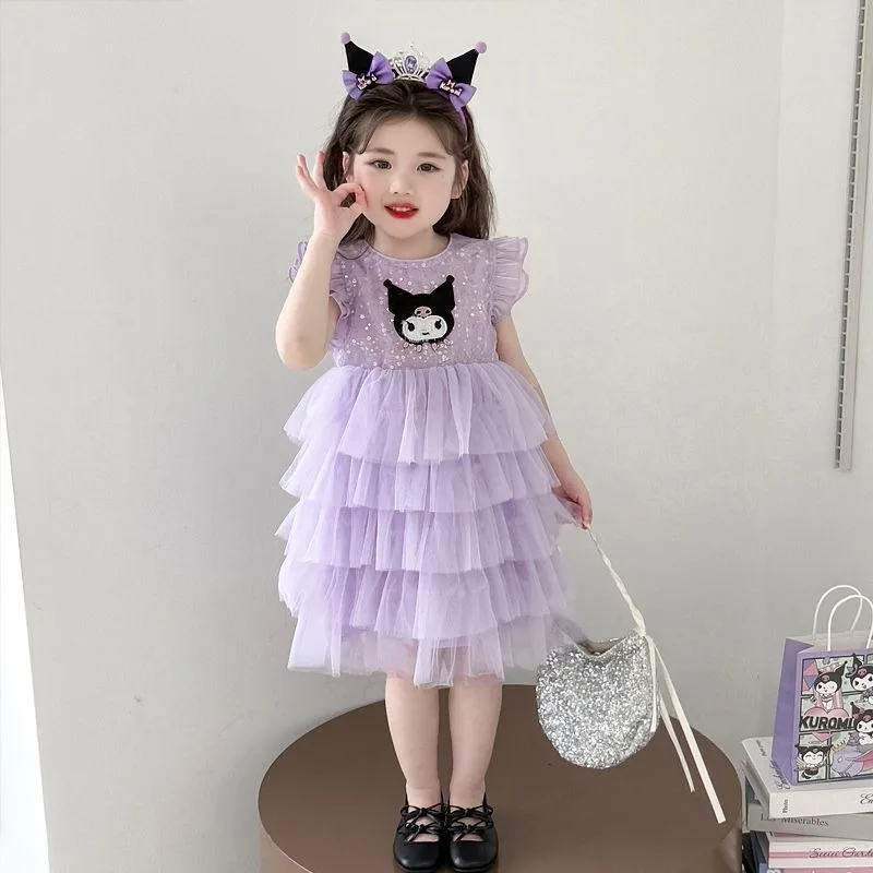 

Sweet 2025 Kuromi Anime Kawaii Sanrio Ins Baby Princess Skirt Clothes New Summer Casual Shirt Dress Clothes Gifts for Kids