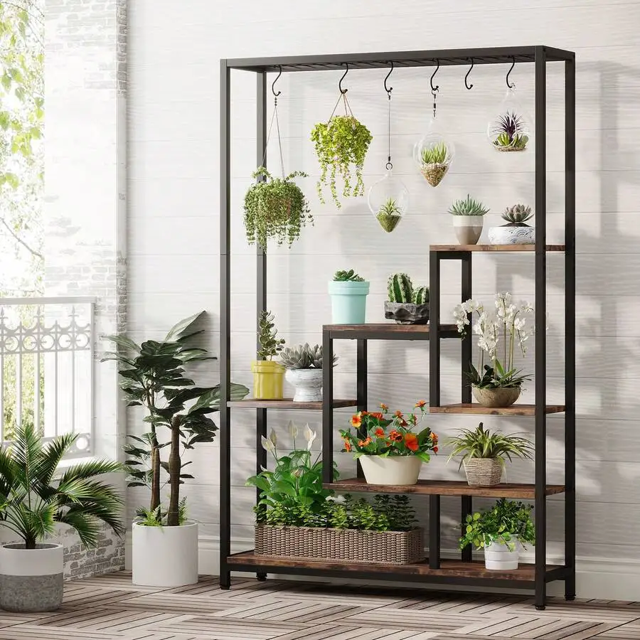 5-Tier Tall Indoor Plant Stand, 70.9 Inches Metal Plant Shelf With 10PC S Hanging Hooks, Multi-Purpose Flower Bonsai Pots Displa