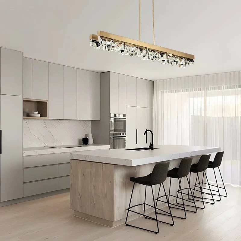 Modern Linear Crystal Chandelier Gold Finish Faceted Irregular Pendant Light LED Hanging Lamp for Kitchen Island Dining Room