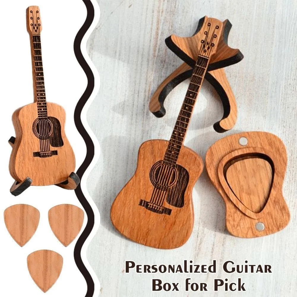 Oak Wood Guitar Pick Holder 4.72 X 1.77in Multifunctional Guitar Pick Case Brown Storage Box Design Wooden Guitar Pick Box