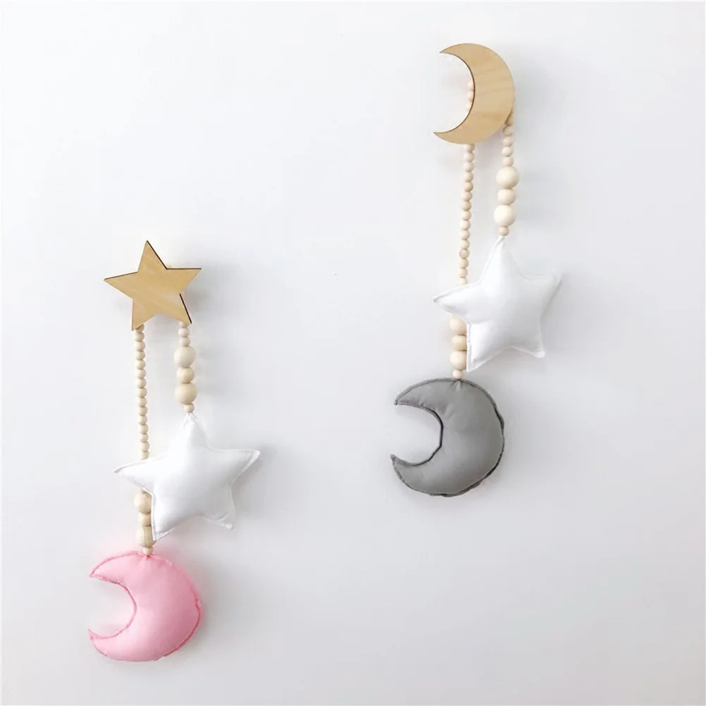 月と星の木製ビーズハンギングオーナメント、白い部屋、ベビーベッド、子供部屋、壁掛けアート、ハンギングデコレーション