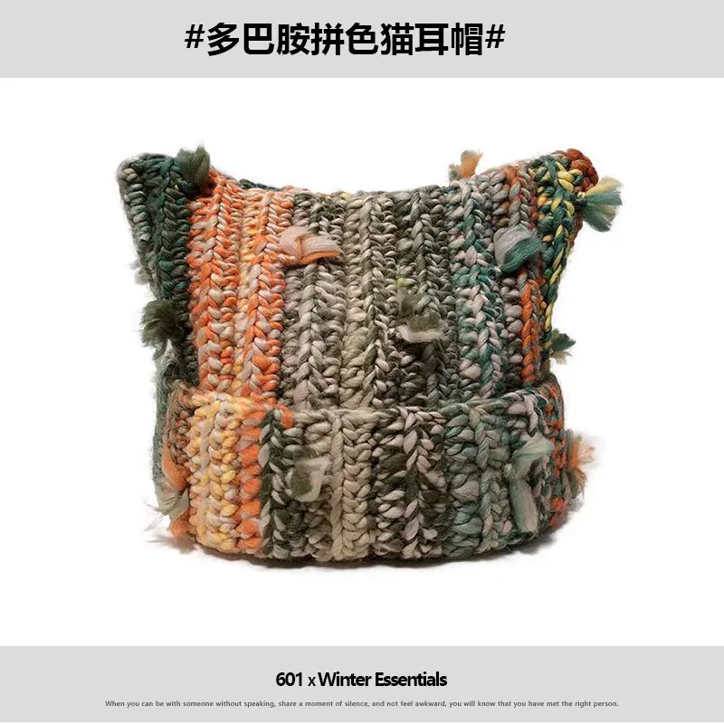 Japanese Sweet Cute Cat Ears Mixed Color Fringed Handmade Wool Hat Women Winter Warm Ear Protection Plush Knitted Beanie Hat — zdjęcie 5