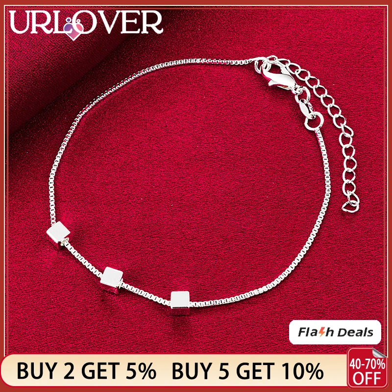 

URLOVER 925 Sterling Silver Bracelet For Woman Three Small Squares Chain Bracelets Lady Party Wedding Birthday Fashion Jewelry