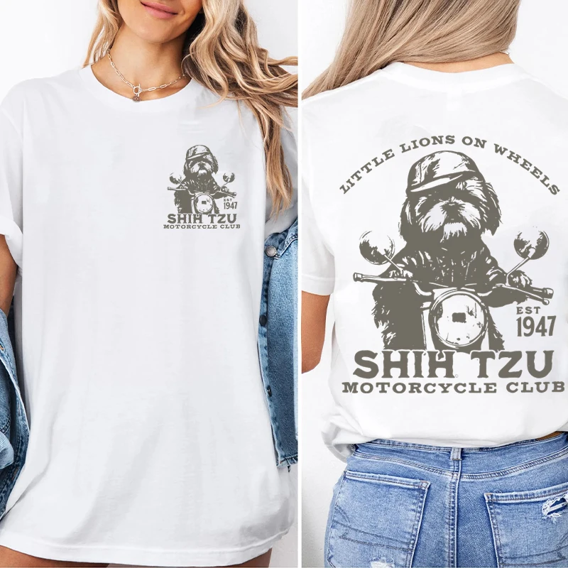 

Vintage Shih Tzu Fun Motorcycle Club T-shirts Women Short Sleeve Crew Neck Motorcycle Lover Tees Gifts Summer Female Streetwear