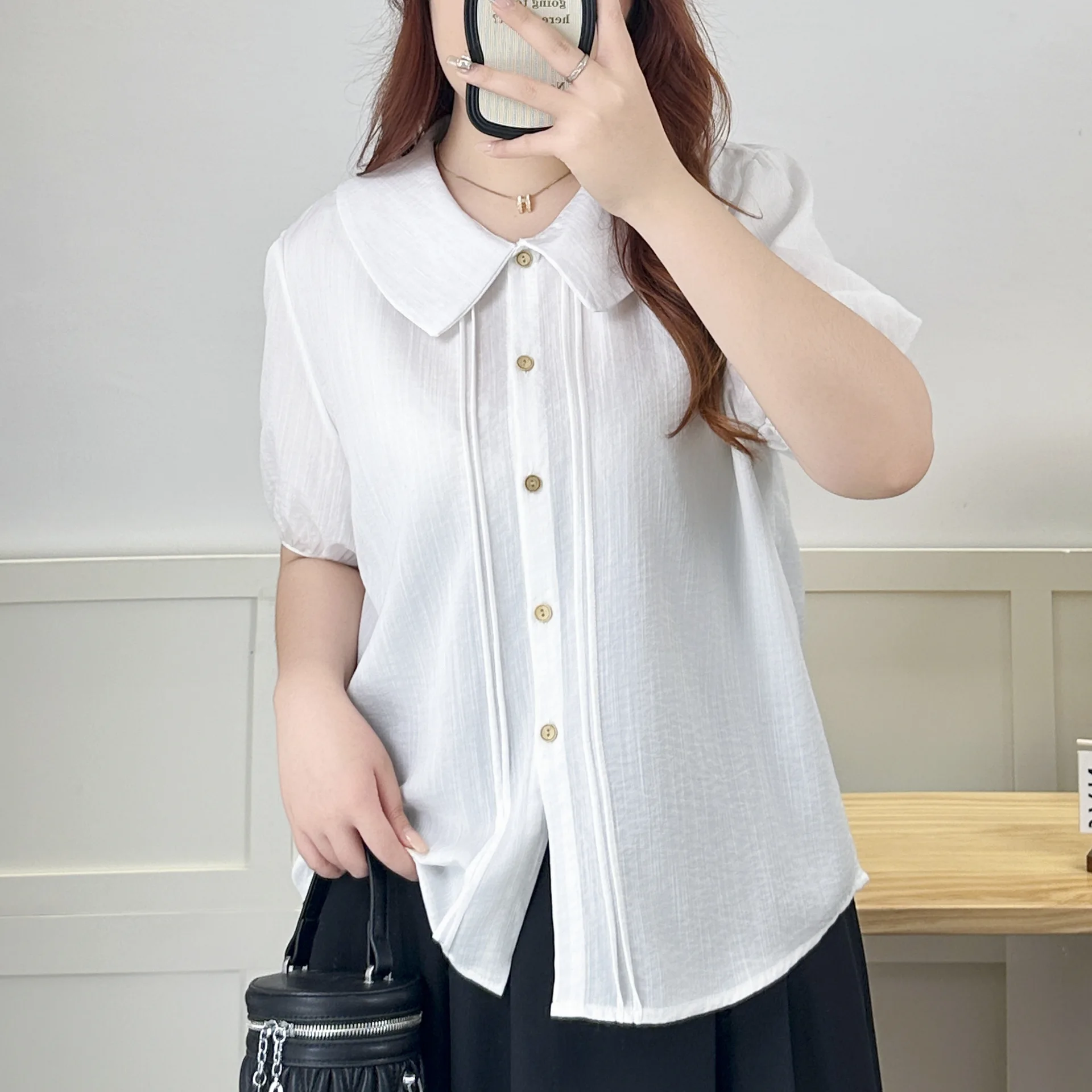 Verão novo plus size camisa feminina 100kg doce e elegante peter pan colarinho de algodão de bambu blusas de manga curta