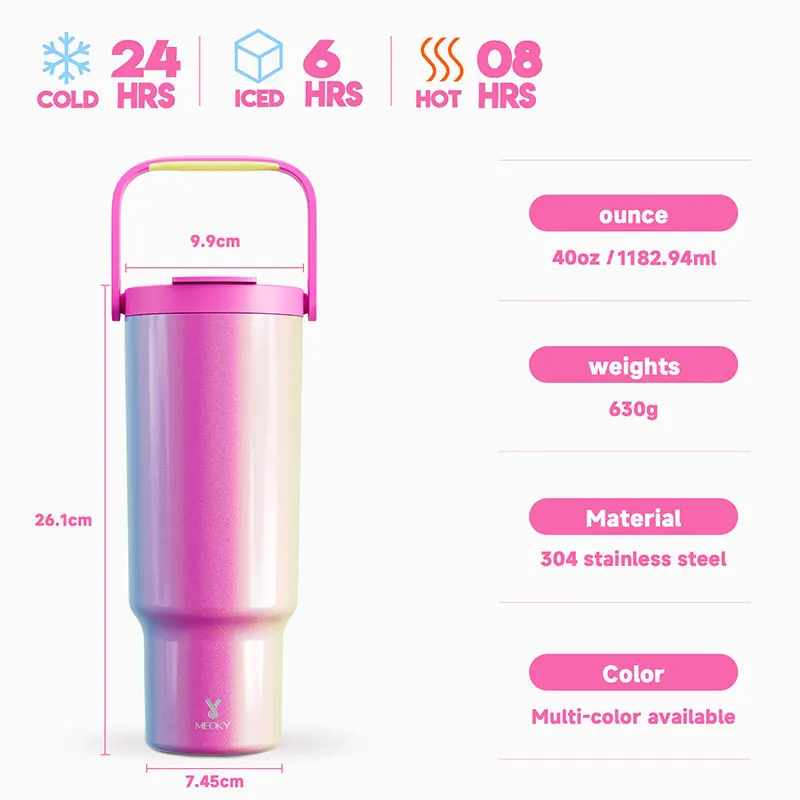 Meoky 40oz New Handle Cup Double Wall Thermal Iced Travel Car Mug Stainless Steel Gradient Vacuum Insulated Fashion Coffee Cup