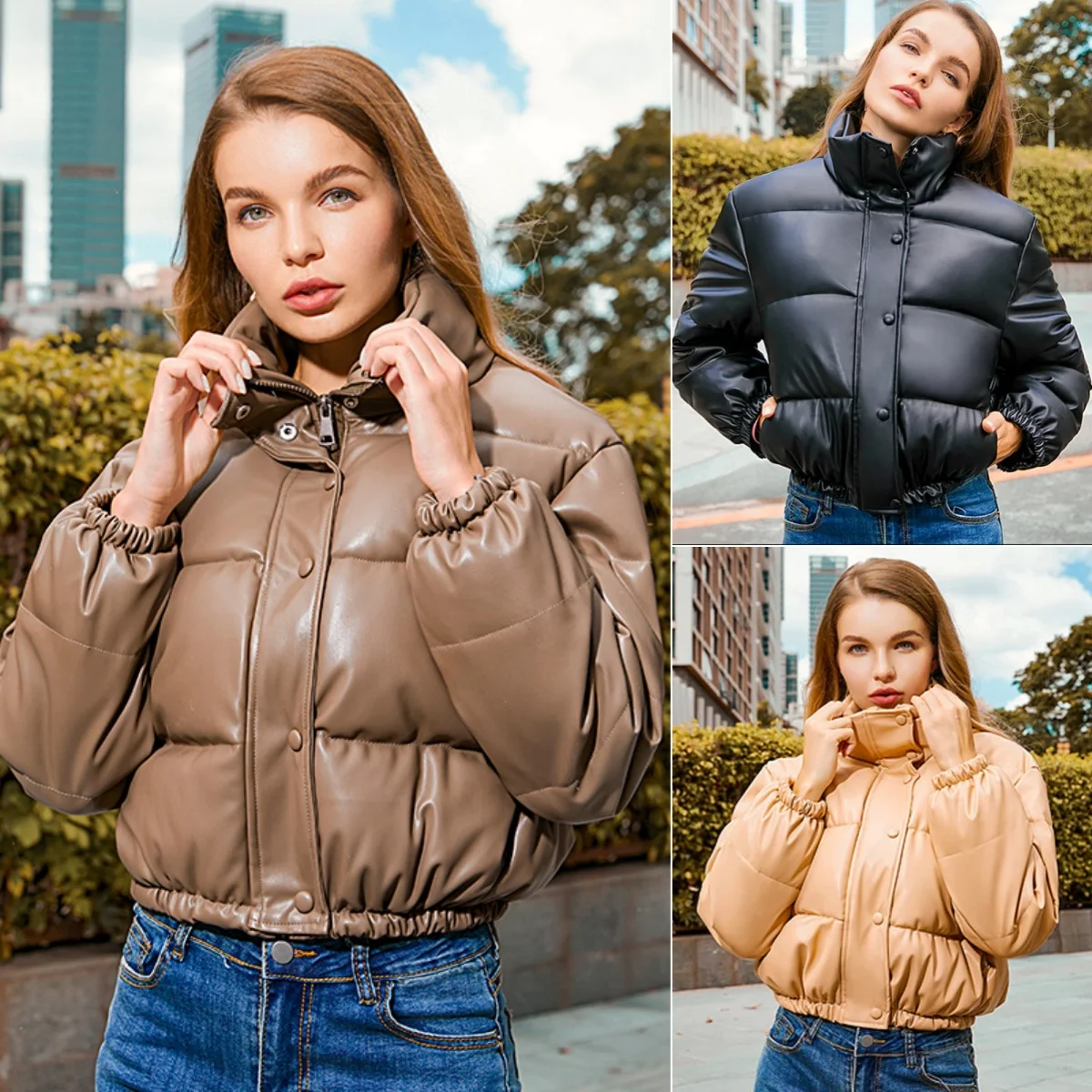 Warm Thick PU Leather Winter Coat Women Short Parkas Fashion Padded Lady Down Jacket Elegant Zipper Women Clothes 2024