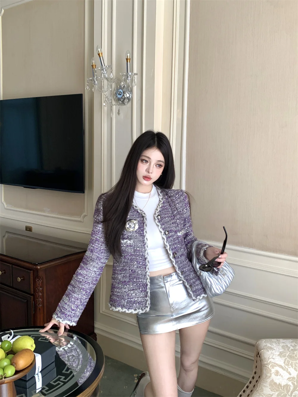 High-Quality Foreign-Style Bright Silk Woven Woolen Short Jacket Luxury Flower Tweed Women Coats