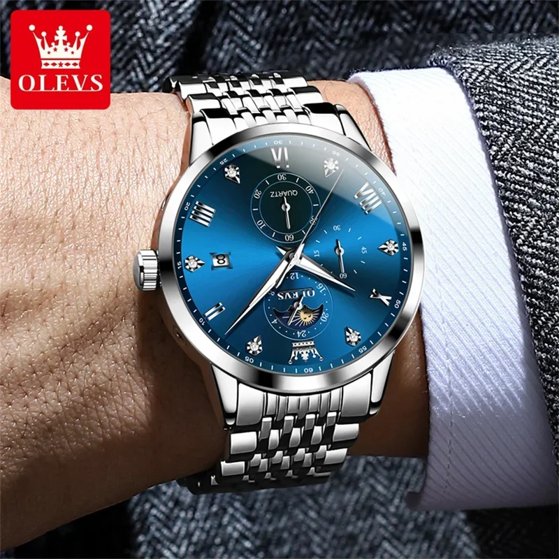 OLEVS 2925 Moon Phase Quartz Watch Men Date Roman Scale Waterproof Hand Clock Luminous Luxury Business Man Watches