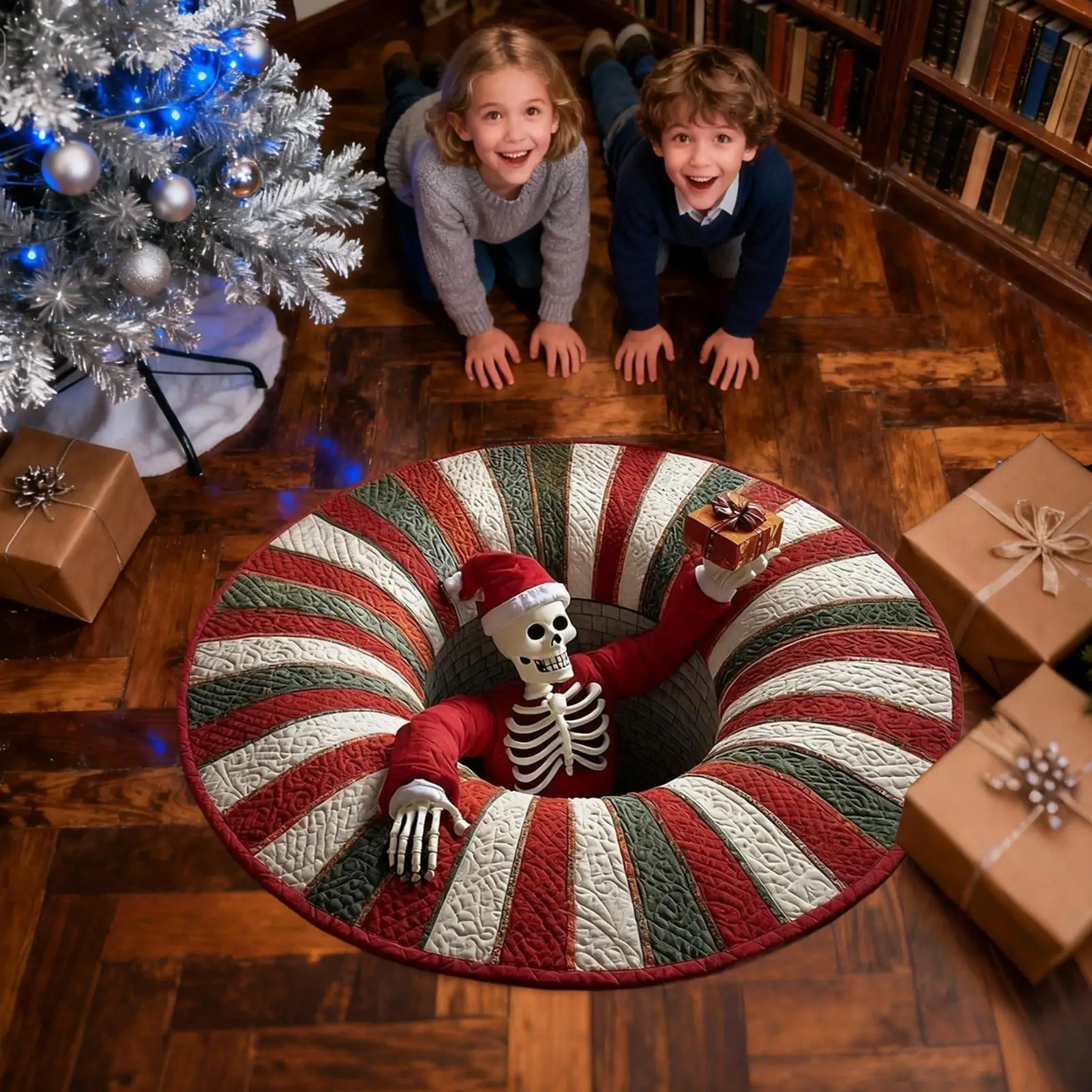 Optical Illusion Rug Christmas Home Decor Skeleton Round Quilted Holiday Bathroom Carpet For Kitchen Entryway Entrance Indoor