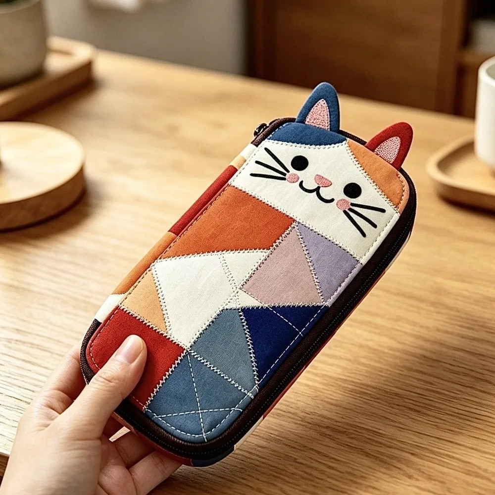 Multi-functional Patchwork Pencil Case Cat Large Capacity Pen Bag Stationery Pouch Gift