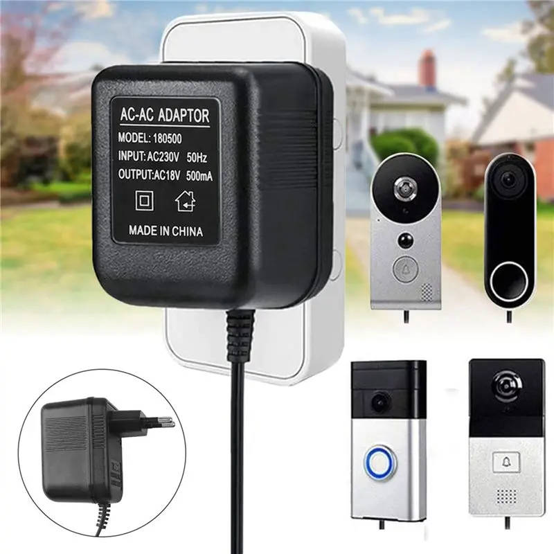 AEE3-2X AC Doorbell Power Adapter, 18V 500MA Doorbell Transformer, 10M Cable, Compatible Ring Doorbell, EU Plug