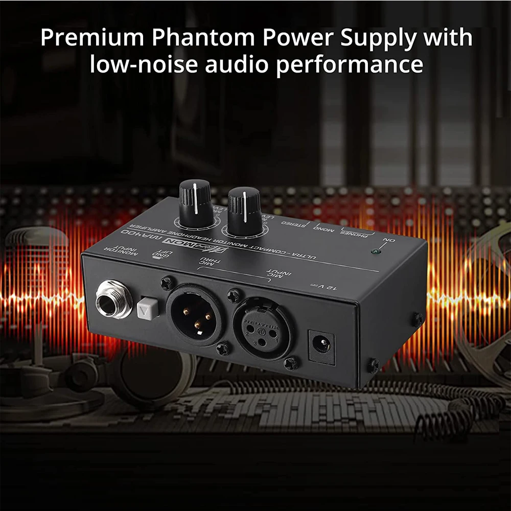 New MA400 Headphone Preamplifier Microphone Preamplifier Audio 6.35mm & 3.5mm Headphone Outputs Mixer with 12V Power Supply