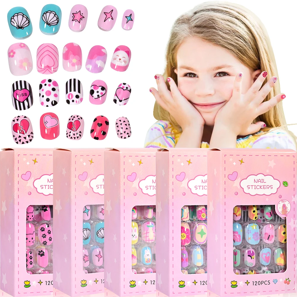 120Pcs(5Pack+Tool) Child Cartoon Pattern Fake Nail Tips 5*24Pcs Full Cover Kids Candy Press on False Nail for 6-14Year Cute Girl