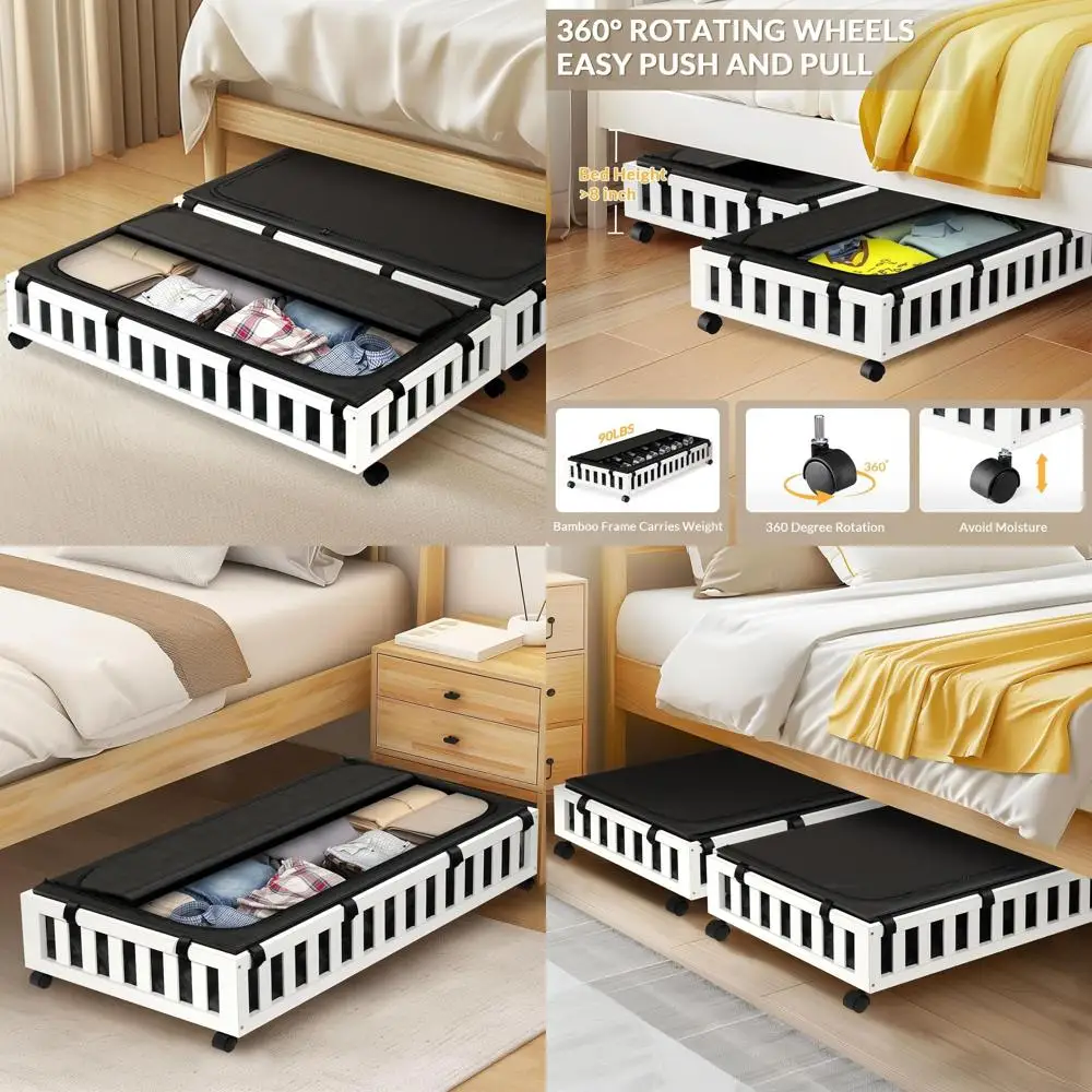 

Dual Wheeled Bamboo Storage Boxes for Under Bed, 39x20x7.8 Large Containers in White