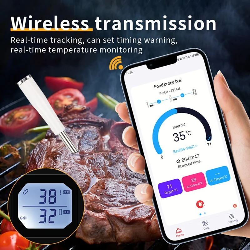 WCS-Meat Thermometer With Bluetooth 500Ft Wireless Thermometer Smart Food Thermometer With USB Charging